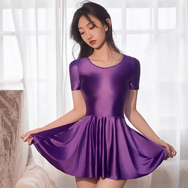 Sexy Gloss Tights Short Sleeve Shiny One Piece Summer Dress